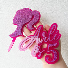 Load image into Gallery viewer, Barbie cake topper | front cake topper plaque | glitter barbie
