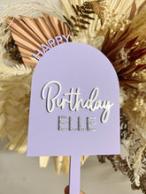 Load image into Gallery viewer, Personalised Cake Topper plaque / Front Cake Sign / pastel Purple / Girls Birthday
