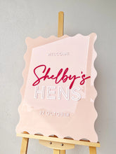Load image into Gallery viewer, Hens Acrylic Welcome Sign | bridal Shower acrylic sign | event signage | hen decor
