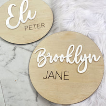 Load image into Gallery viewer, Nursery Name Sign | Kid Name Plaque | Round Baby name sign | Engraved Wooden Nursery Sign | Door name plaque | Circle Name Sign

